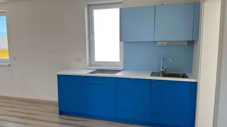 Kleine Küche mit blauen Schränken, Spüle und Induktionskochfeld, ideal für kompaktes Wohnen.