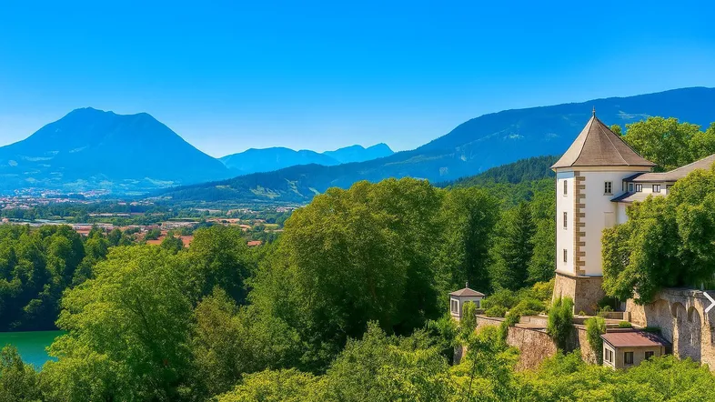 Malerische Landschaft mit einem historischen Gebäude, üppigen Bäumen und majestätischen Bergen im Hintergrund.