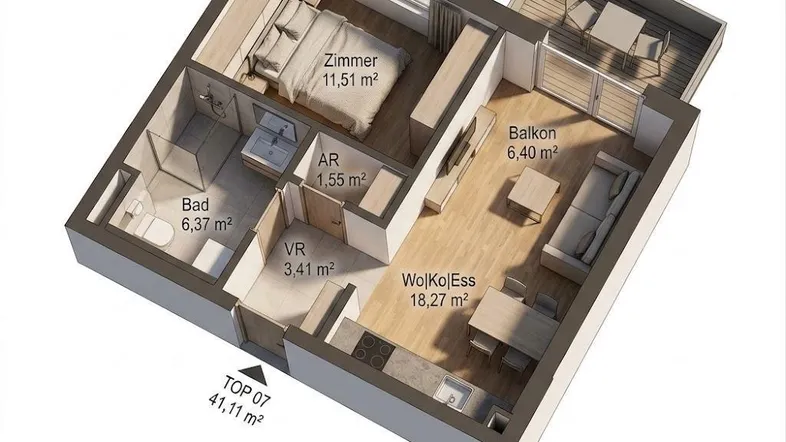 Grundriss einer kompakten Wohnung mit Schlafzimmer, Bad, offenem Wohnbereich und Balkon.