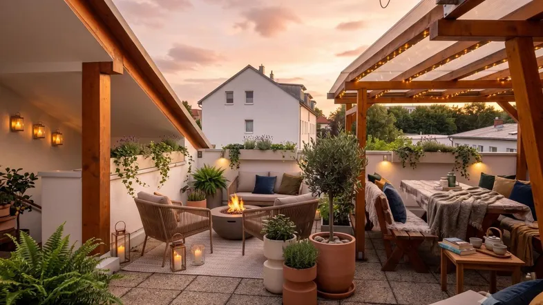 Geräumige Dachterrasse mit gemütlicher Lounge, Essbereich und stimmungsvoller Beleuchtung bei Sonnenuntergang.