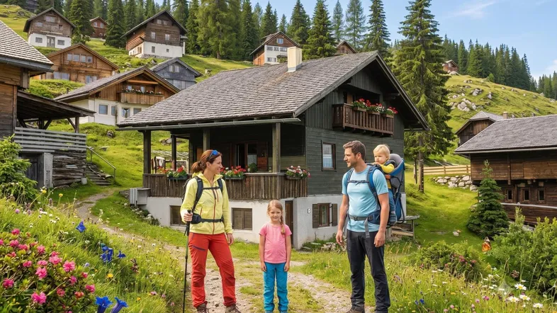Familie wandert vor einem traditionellen Holzchalet in einer malerischen alpinen Sommerlandschaft mit grünen Wiesen.