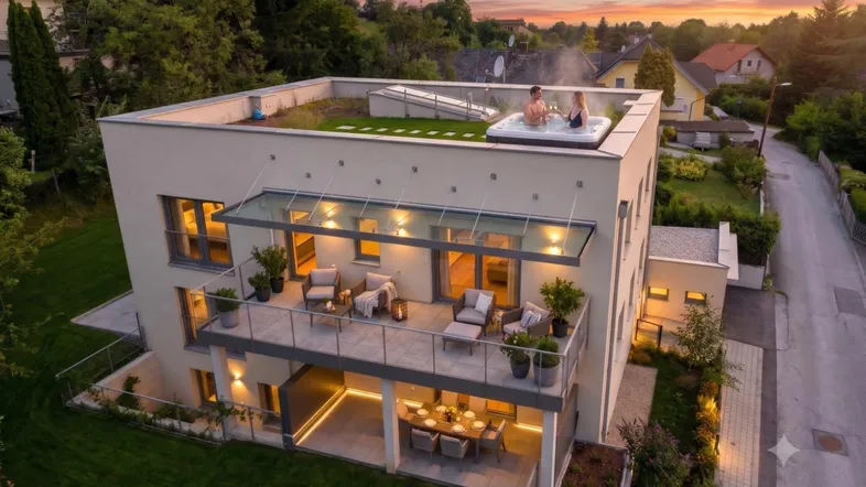 Moderne Villa mit begrünter Dachterrasse, Whirlpool und großzügigen Balkonen für entspannte Abende.