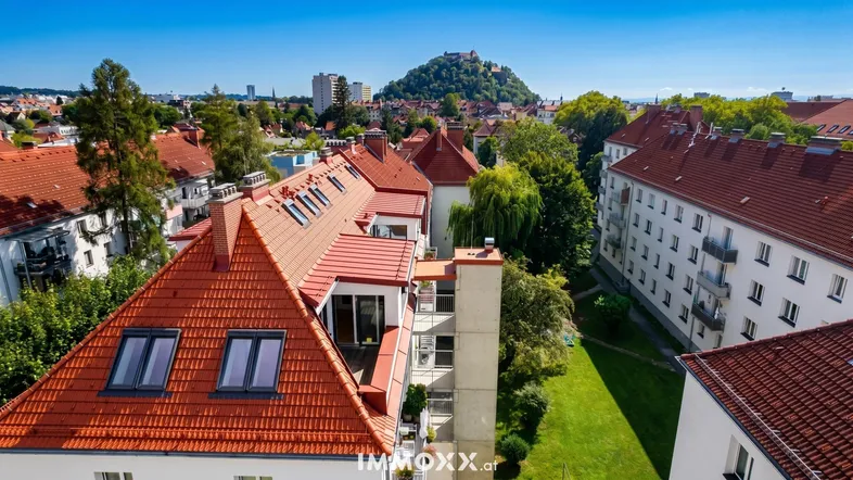 Panoramablick über die Stadt mit roten Dächern und einem bewaldeten Hügel im Hintergrund.