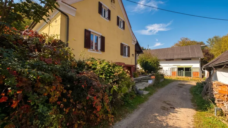 Gelbes Landhaus mit rotem Dach und grüner Umgebung unter blauem Himmel.