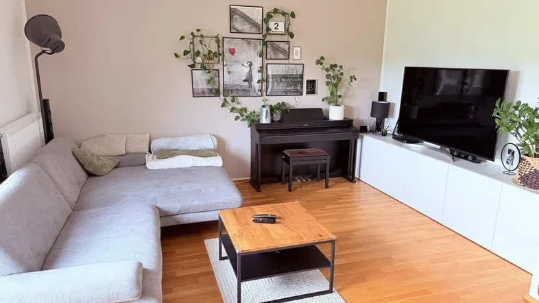 Gemütliches Wohnzimmer mit Ecksofa, Holzboden, Fernseher und dekorativen Pflanzen.