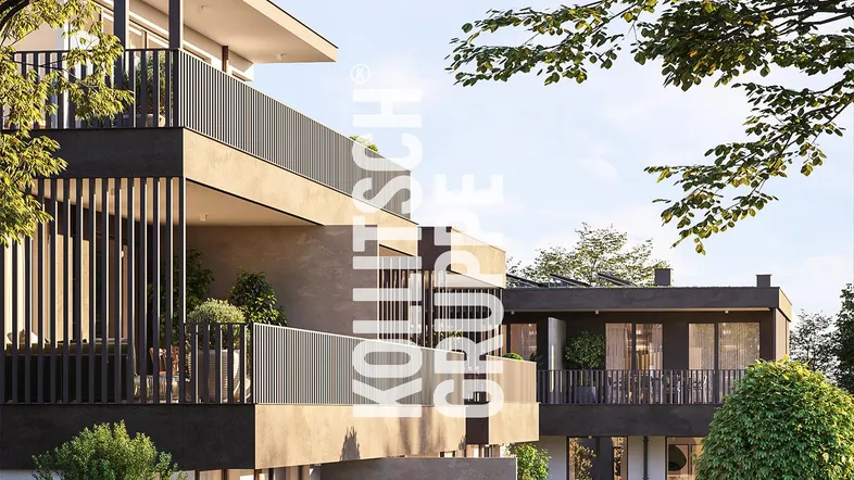 Moderne Architektur mit gestuften Balkonen und dunklen Fassadenelementen, umgeben von Bäumen.