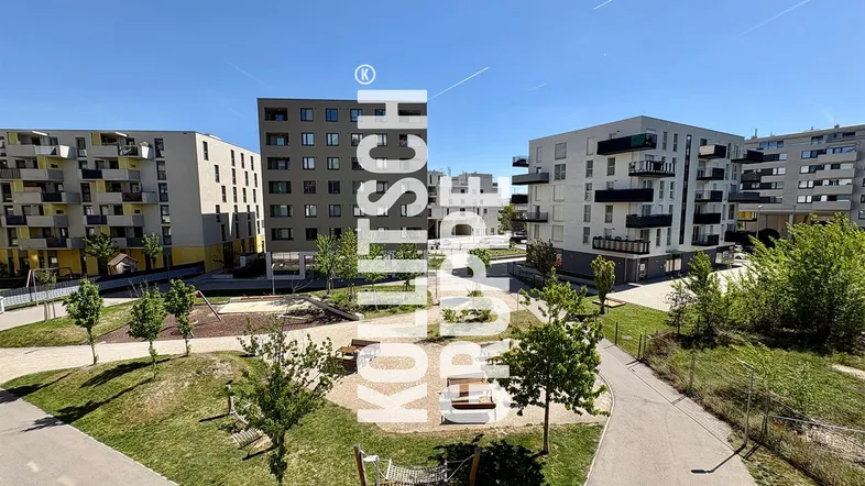 Moderne Wohngebäude mit einem Spielplatz und Grünflächen in einer städtischen Umgebung.