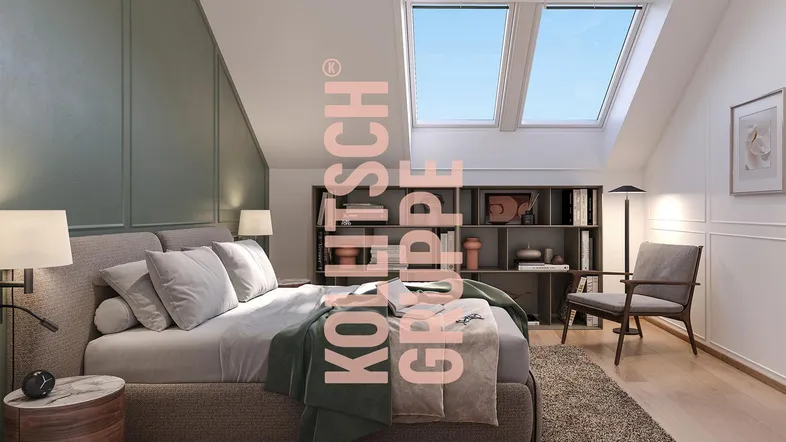 Helles Schlafzimmer im Dachgeschoss mit schrägen Wänden, Dachfenstern und modernem Interieur.