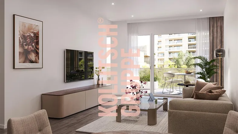 Helles Wohn- und Esszimmer mit modernem Mobiliar, Holzboden und Zugang zu einem Balkon.