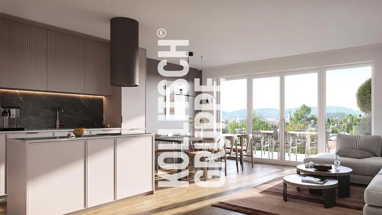 Moderne offene Wohnküche mit Essbereich und hellem Wohnzimmer, das auf eine Terrasse führt.