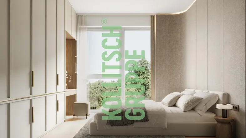 Modernes Schlafzimmer mit integrierten Schränken, großem Fenster und Blick ins Grüne.