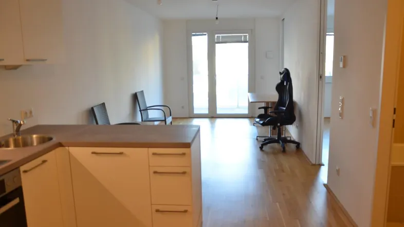 Heller offener Wohnbereich mit integrierter Küchenzeile, Parkettboden und Zugang zum Balkon.