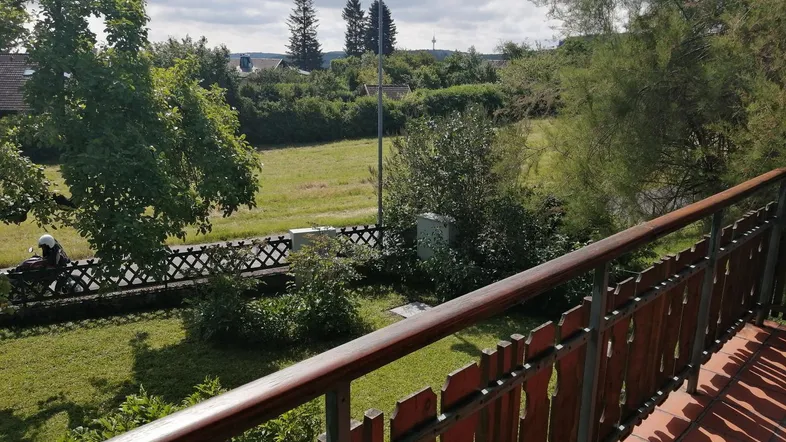 Blick vom Balkon auf eine weite grüne Wiese und bewaldete Hügel unter einem bewölkten Himmel.