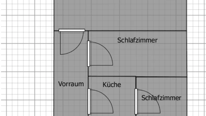 Grundriss einer Wohnung mit Wohnzimmer, zwei Schlafzimmern, Küche und Badbereich.