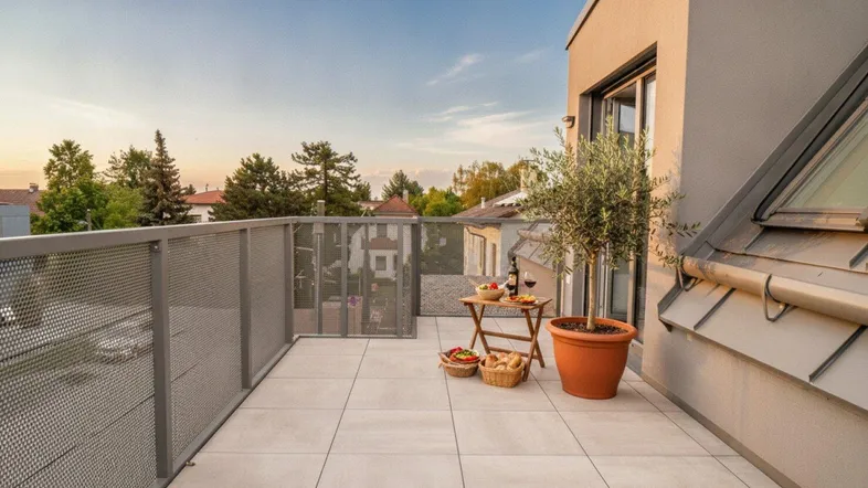 Geräumige Dachterrasse mit Fliesenboden, Metallgeländer und Blick auf die Umgebung.