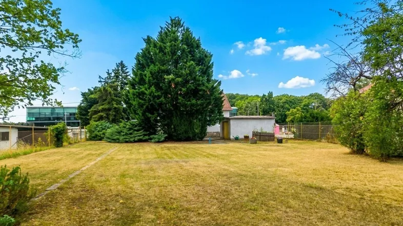 Weitläufiger Garten mit Rasenfläche, hohen Bäumen und einem kleinen Nebengebäude im Hintergrund.