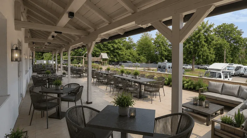 Große überdachte Terrasse mit zahlreichen Sitzgelegenheiten, Tischen und Blick ins Grüne.
