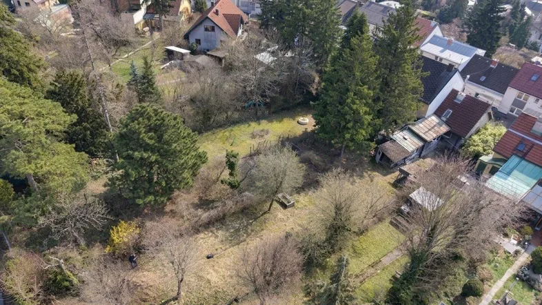 Luftaufnahme eines großen Grundstücks mit Baumbestand und umliegenden Wohnhäusern in einer grünen Umgebung.