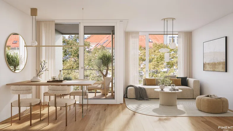 Heller Wohn- und Essbereich mit Holzboden, modernem Mobiliar und Zugang zum Balkon.