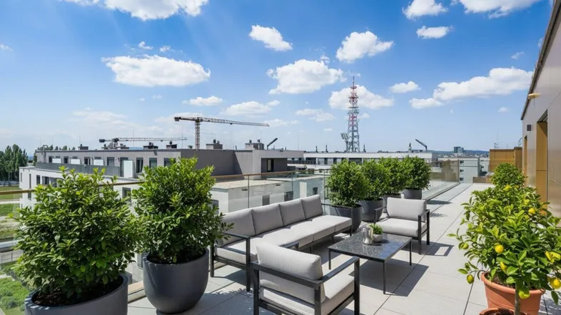 Geräumige Dachterrasse mit moderner Lounge-Möblierung, Topfpflanzen und weitem Stadtblick.