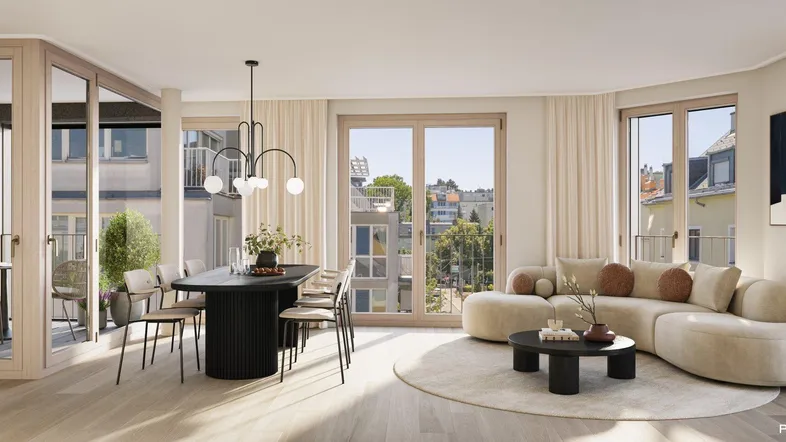 Helles, offenes Wohn- und Esszimmer mit modernem Design, Parkettboden und Zugang zu einem Balkon.