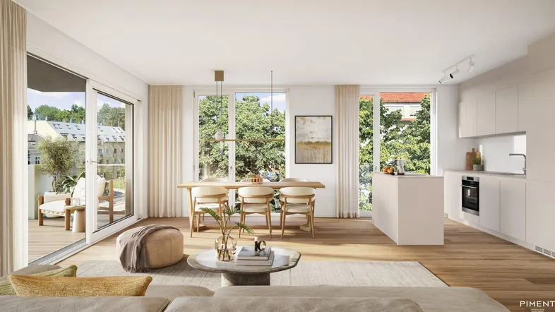 Heller, offener Wohn- und Essbereich mit moderner Küche, Holzboden und direktem Zugang zum Balkon.