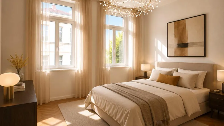 Helles Schlafzimmer mit modernem Design, großem Bett, stilvollem Kronleuchter und Fischgrätparkettboden.