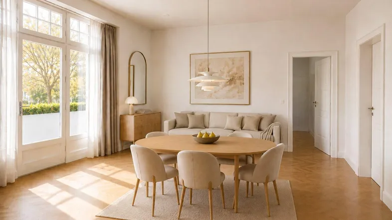 Helles Wohn- und Esszimmer mit Fischgrätparkett, hohen Fenstern und moderner Einrichtung.
