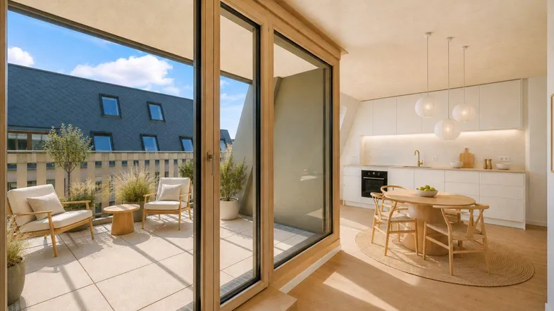 Helle, moderne Küche mit Essbereich und direktem Zugang zu einer sonnigen Terrasse.