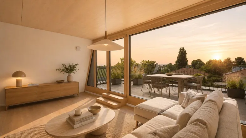 Helles Wohnzimmer mit Holzboden, großen Fenstern und direktem Zugang zu einer möblierten Terrasse mit Sonnenuntergangsblick.