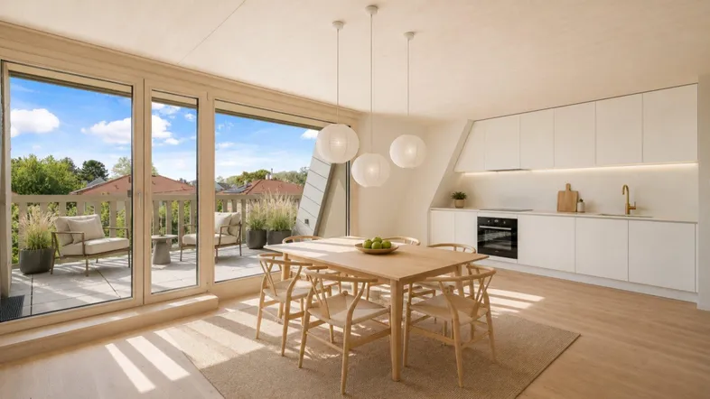 Heller, offener Wohn- und Essbereich mit moderner Einbauküche und direktem Zugang zu einer großen Terrasse.