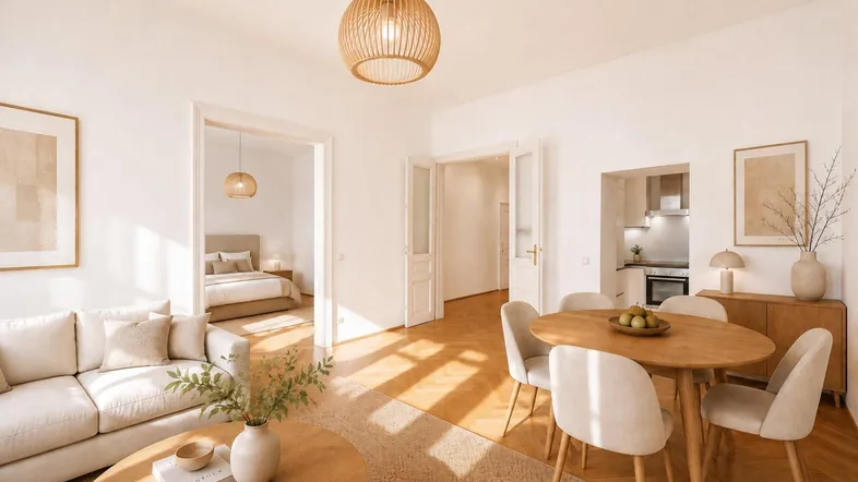 Heller offener Wohn- und Essbereich mit Fischgrätparkett, hohen Decken und Blick in Schlafzimmer und Küche.