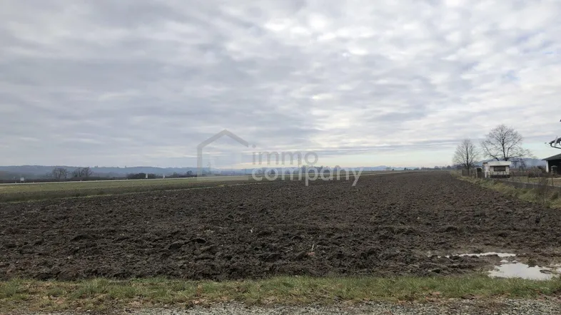 Weites, gepflügtes Feld unter bewölktem Himmel mit ländlicher Umgebung und einer Straße im Vordergrund.