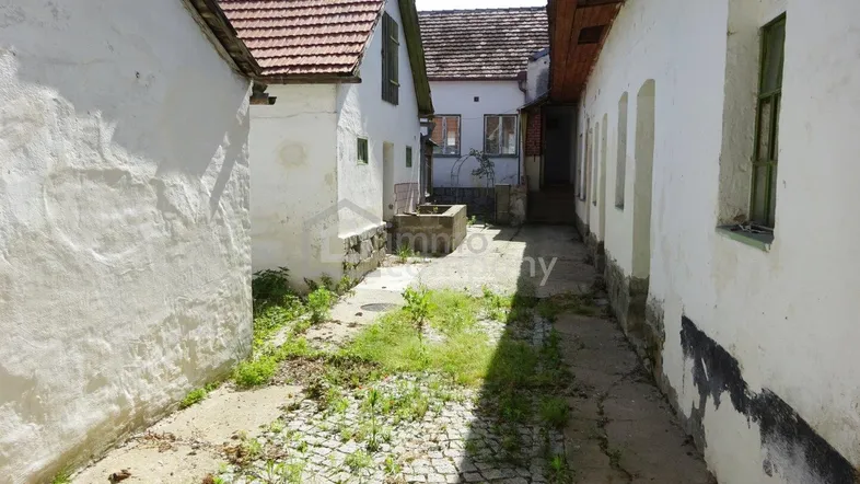 Alter Innenhof zwischen Gebäuden mit Kopfsteinpflaster und Grasbewuchs, sonniger Tag.