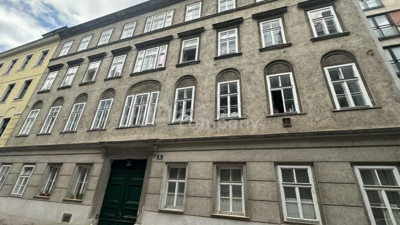 Altes Mehrfamilienhaus mit klassischer Fassade und vielen Fenstern unter bewölktem Himmel.