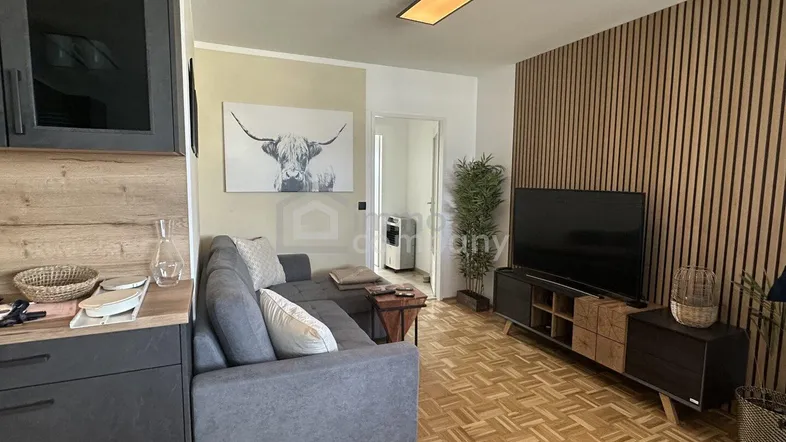 Modernes Wohnzimmer mit bequemer Couch, Fernseher und dekorativer Holzlamellenwand.