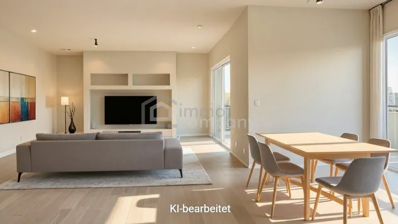 Heller, offener Wohn- und Essbereich mit modernem Design und Zugang zum Außenbereich.