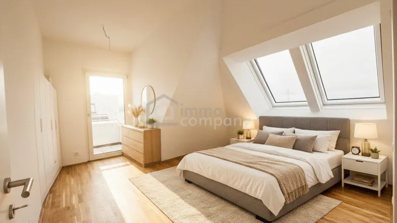 Helles Schlafzimmer im Dachgeschoss mit Holzboden, Dachfenstern und Zugang zu einem kleinen Balkon.