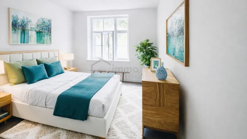 Helles Schlafzimmer mit modernem Bett, Holzakzenten und großen Fenstern.