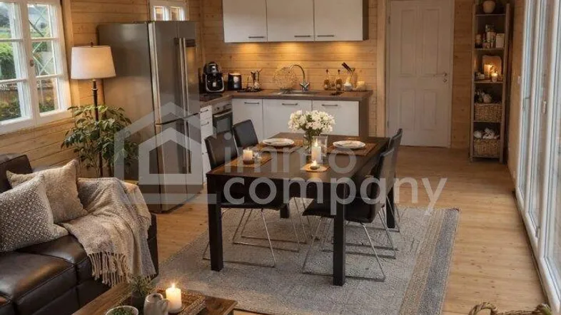 Gemütlicher offener Wohn- und Essbereich mit integrierter Küche und viel Holzverkleidung.