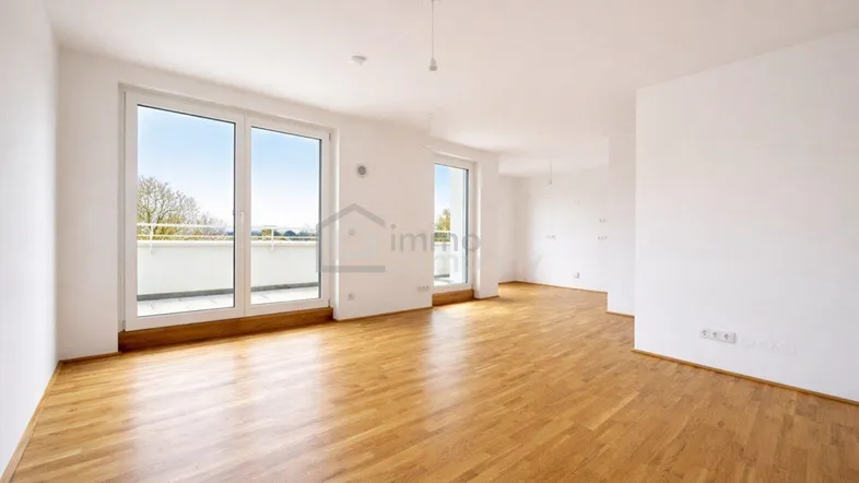 Heller, leerer Raum mit Holzboden und großen Fenstertüren zum Balkon.