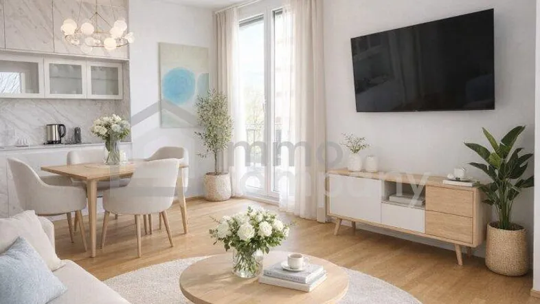 Moderner offener Wohn-Essbereich mit heller Einrichtung, Holzboden und Zugang zum Balkon.