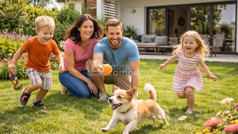 Glückliche Familie spielt mit Hund im sonnigen Garten vor einem modernen Einfamilienhaus.