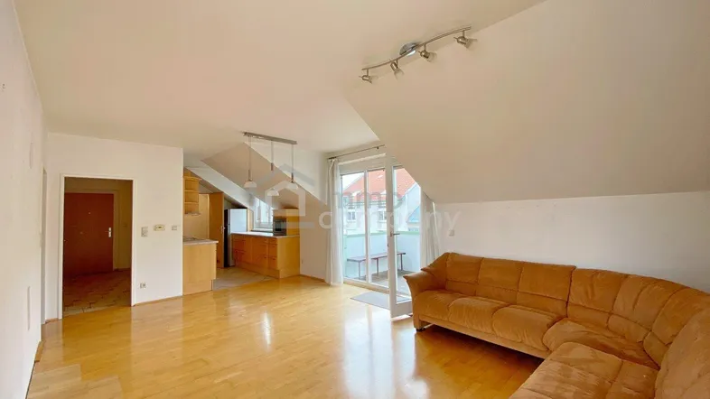Offener Wohnbereich im Dachgeschoss mit Holzboden, Sofa und Blick auf die angrenzende Küche.