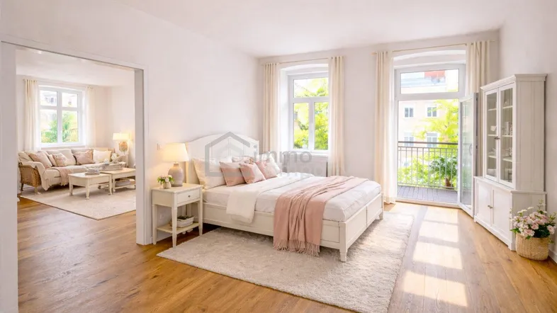 Helles Schlafzimmer mit Holzboden, Zugang zum Balkon und Blick in das angrenzende Wohnzimmer.