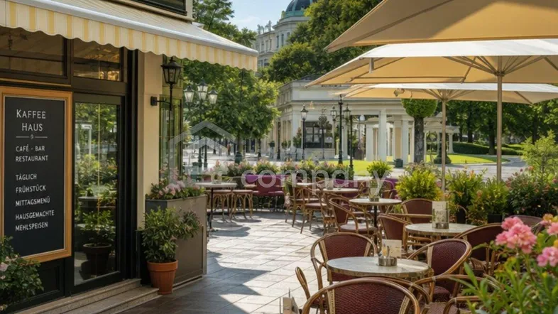 Ein charmantes Kaffeehaus mit einer einladenden Außenterrasse, Sonnenschirmen und Blick auf eine belebte Stadtstraße.