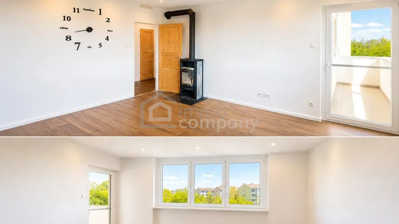 Helles Wohnzimmer mit Holzboden, modernem Kaminofen und Zugang zu einem Balkon.