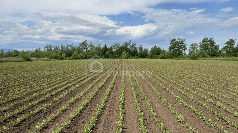 Weites Feld mit jungen Pflanzenreihen unter bewölktem Himmel, umgeben von Bäumen in der Ferne.