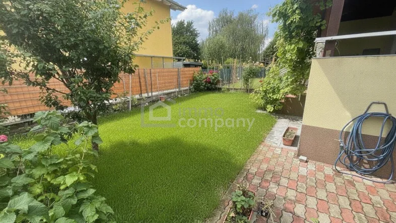 Grüner Gartenbereich mit Rasenfläche und gepflastertem Weg neben dem Haus.