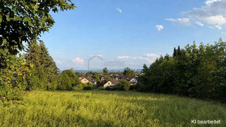 Weitläufige grüne Landschaft mit Blick auf eine Siedlung und den Horizont unter blauem Himmel.